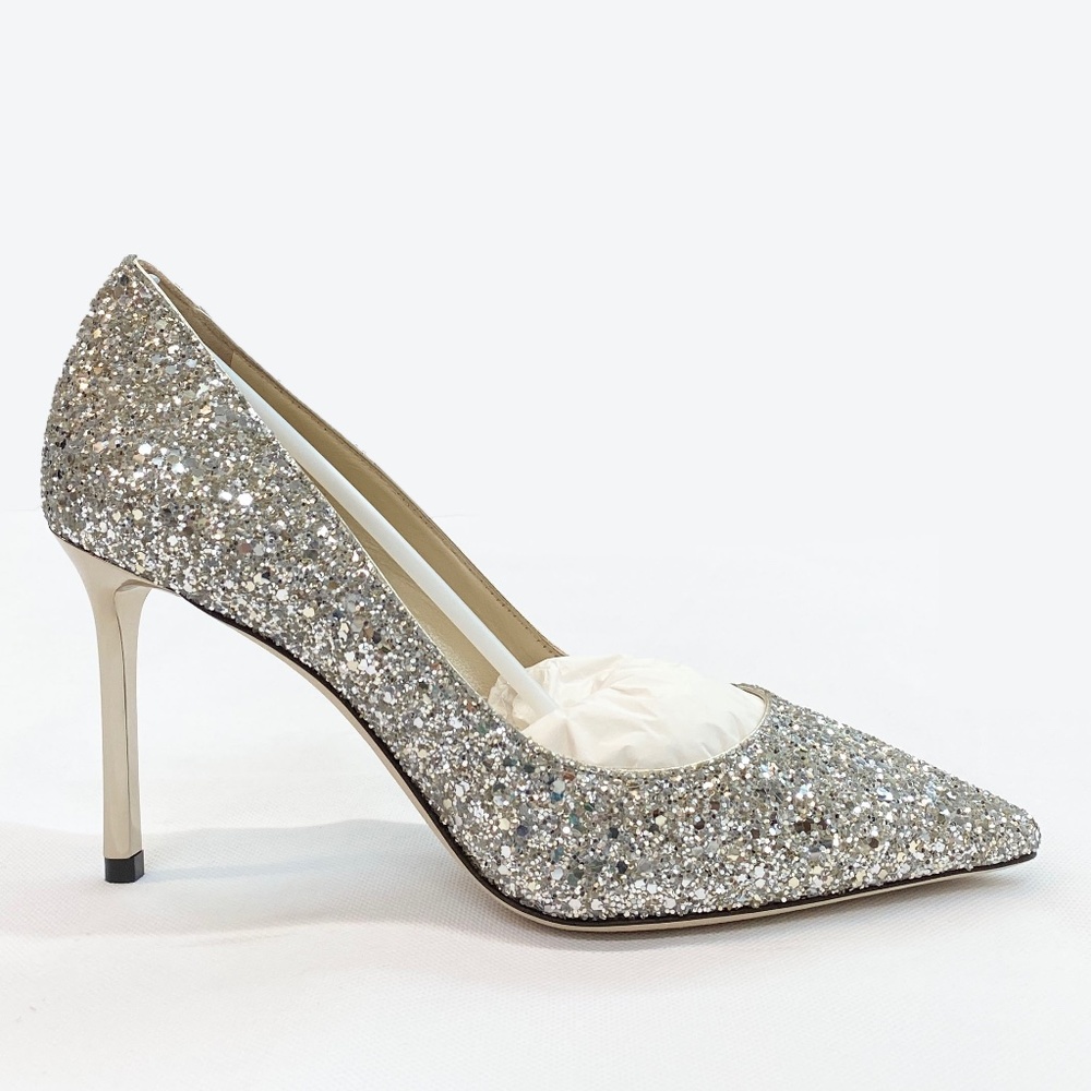 JIMMY CHOO ROMY 85 Pumps Champagne Coarse Glitter100% Authentic Brand New NO BOX